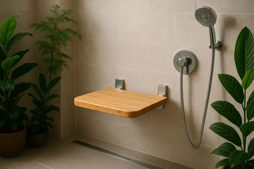 A modern bathroom showcasing a bamboo wall-mounted shower seat, illustrating design innovation.