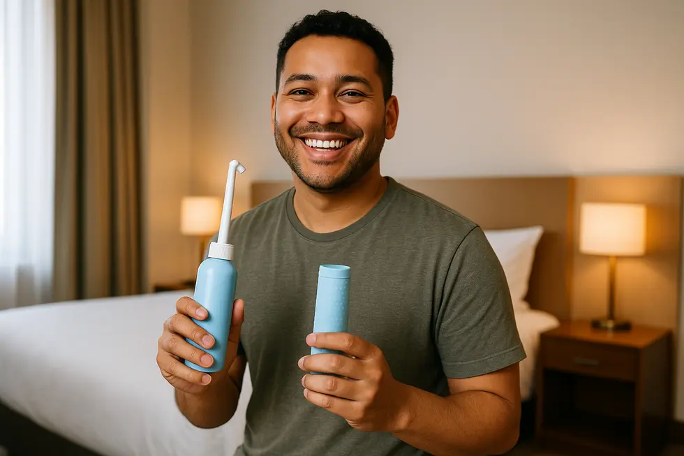 Travelers using portable bidets, symbolizing reduced environmental impact through less paper waste.