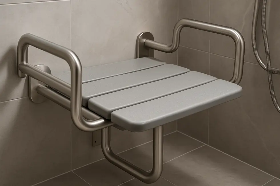 A sophisticated wall-mounted teak shower seat in an elegant bathroom setting.
