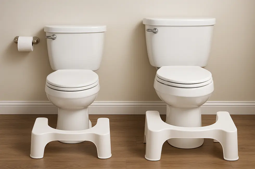 Comparison of standard and chair-height toilets with corresponding toilet stools.