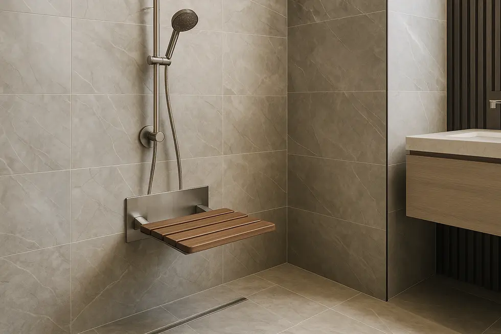 A visually striking bathroom with a wall-mounted shower seat, demonstrating its style and utility.