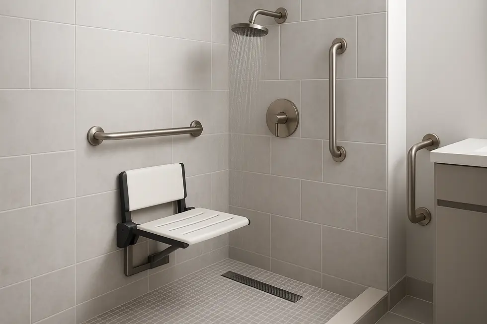 A hospital bathroom featuring a wall mounted shower seat with advanced accessibility and design features.