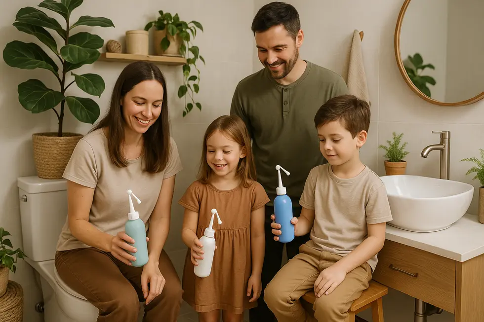 A family demonstrates sustainable living by using eco-friendly portable bidets.
