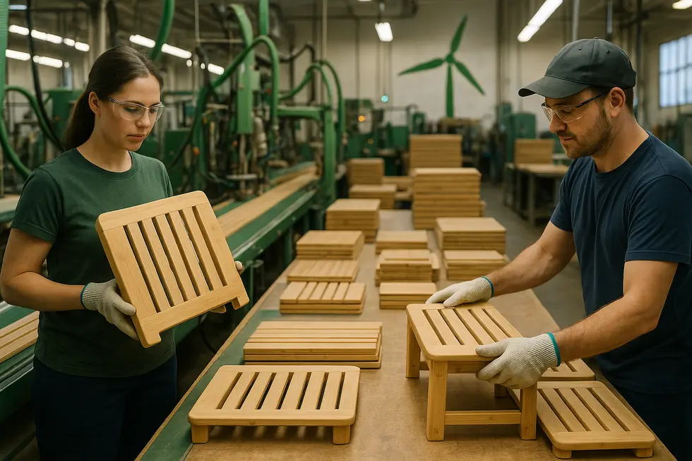 Bamboo shower seats being crafted in a sustainable factory setting.