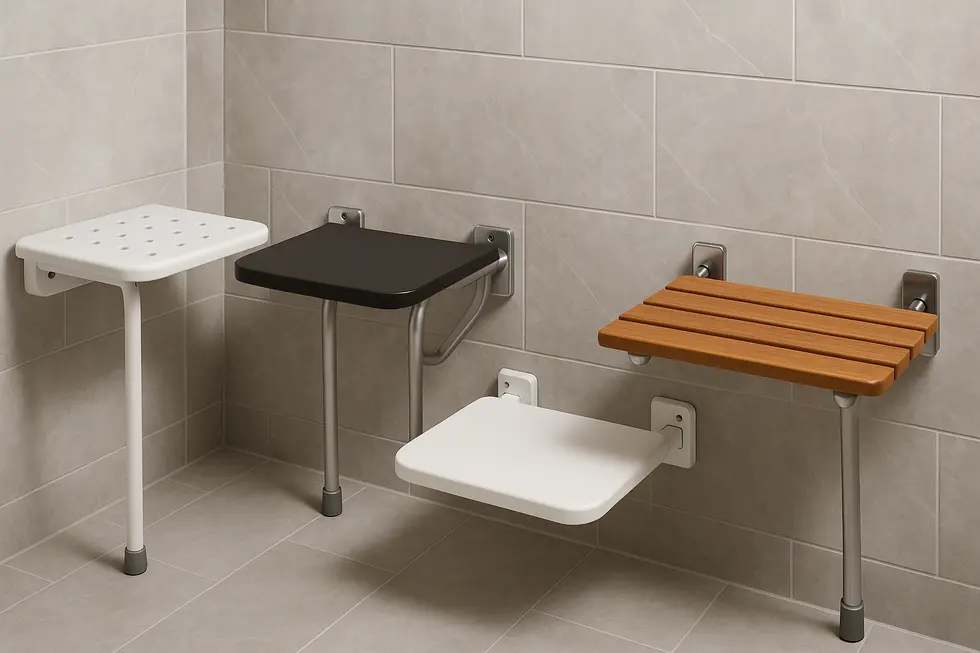 A robust plastic wall-mounted shower seat exemplifying durability in a wet environment.