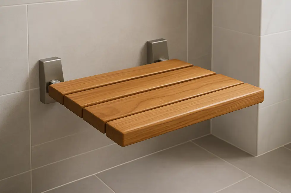 Close-up of a teak wall-mounted shower seat showcasing its design and material quality.