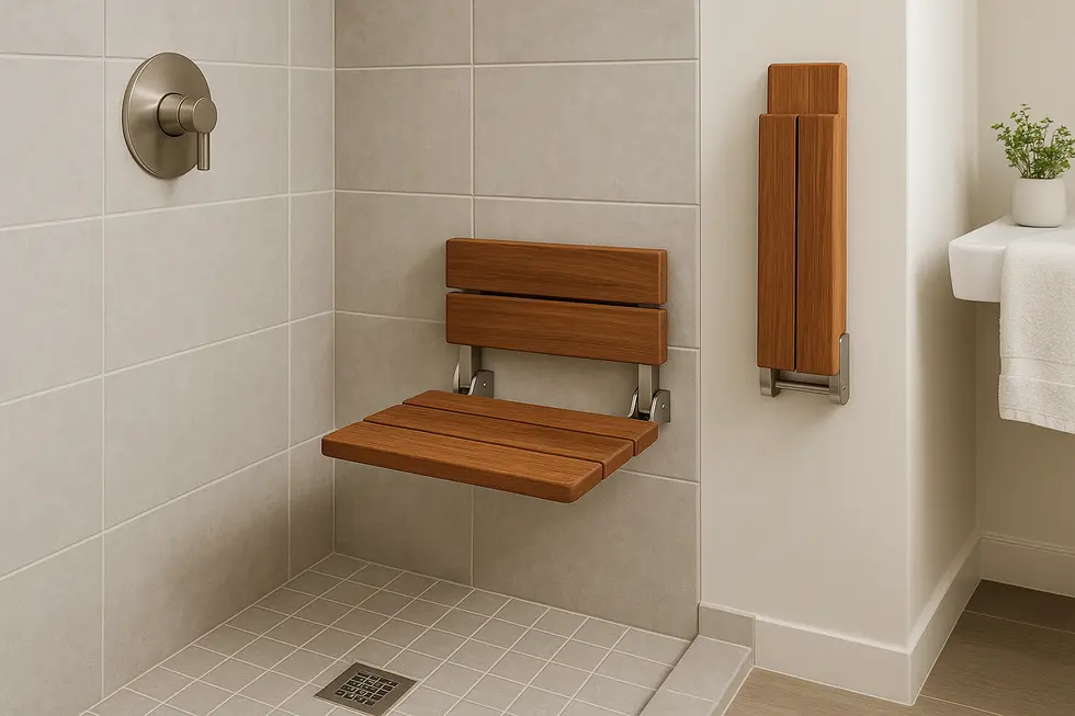 A sleek, teak wood shower seat highlighting its design and material elegance.