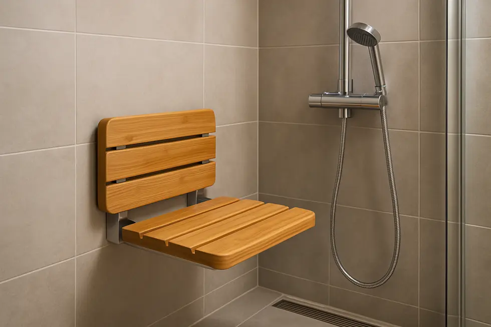 A modern bathroom showcasing a bamboo wall-mounted shower seat, illustrating design innovation.