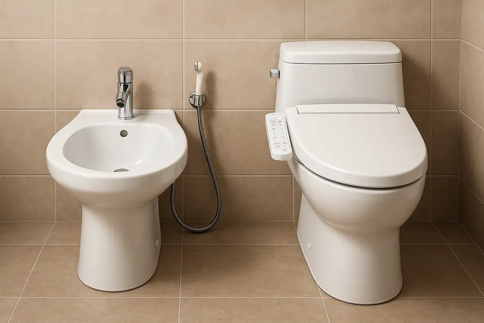 A modern bathroom displaying the technological differences between a bidet and a Washlet.