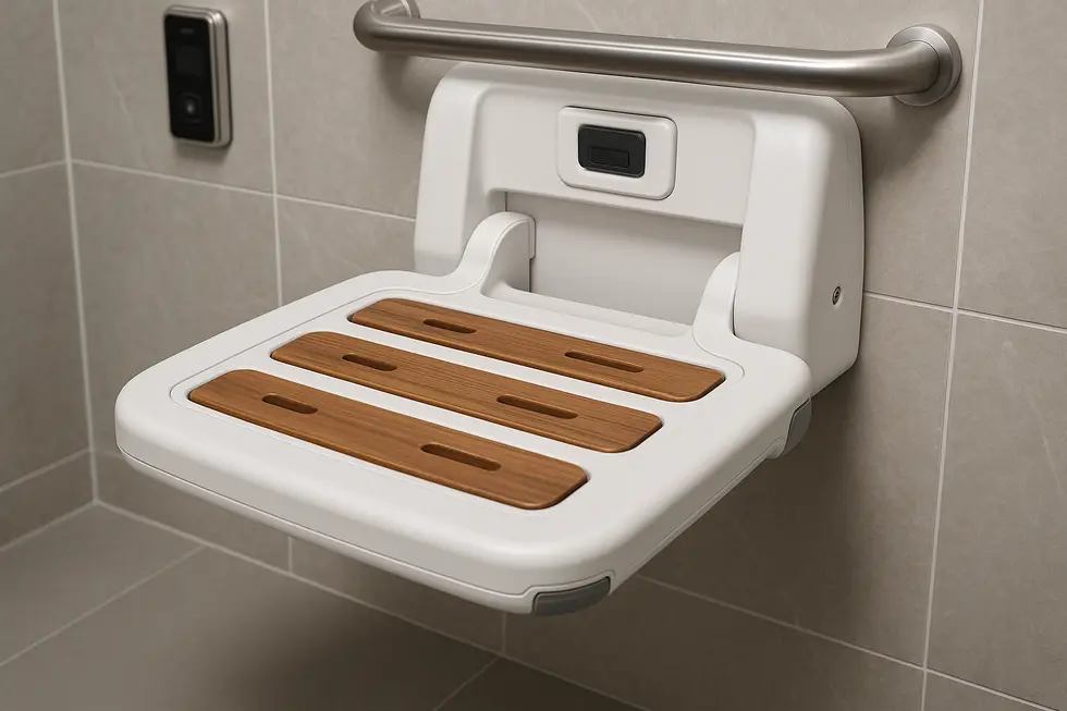 Wall mounted shower seat exemplifying technological design with robust materials.