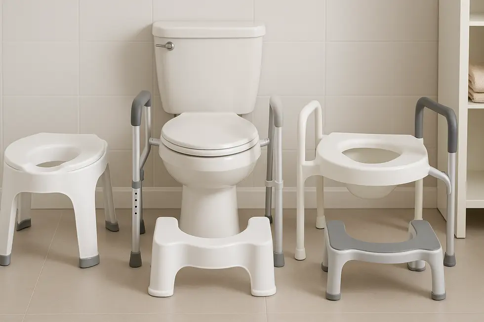 An assortment of toilet stools emphasizing their ergonomic features and safety designs tailored for elderly users.