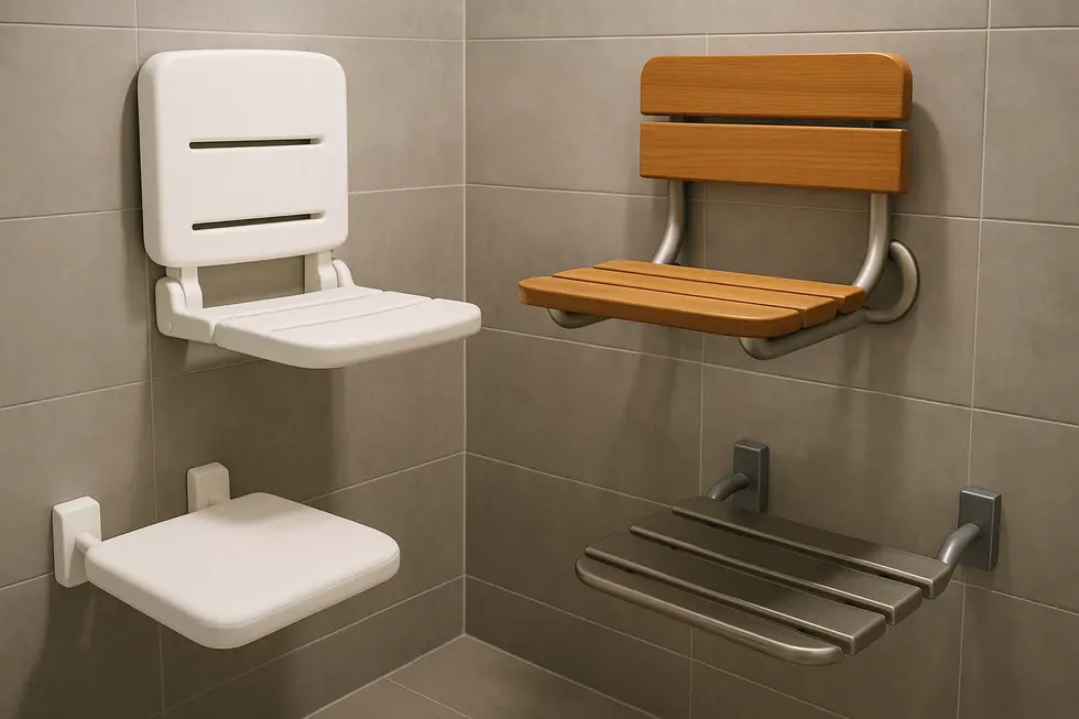 A wall-mounted shower seat illustrating safety features and high load-bearing capacity.