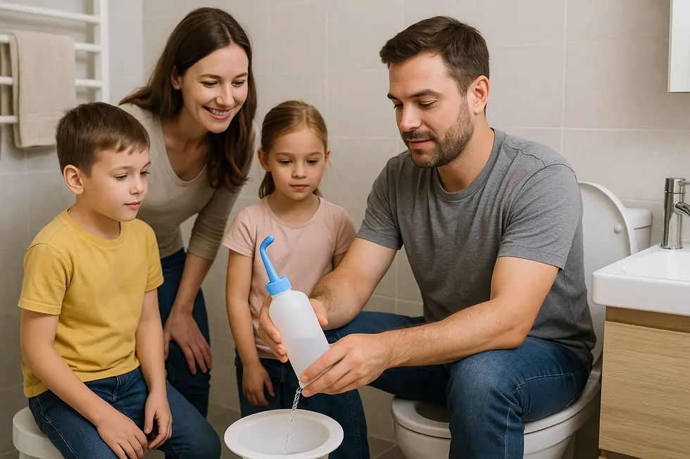 Demonstrating the proper use of a portable bidet in a family-friendly setting.