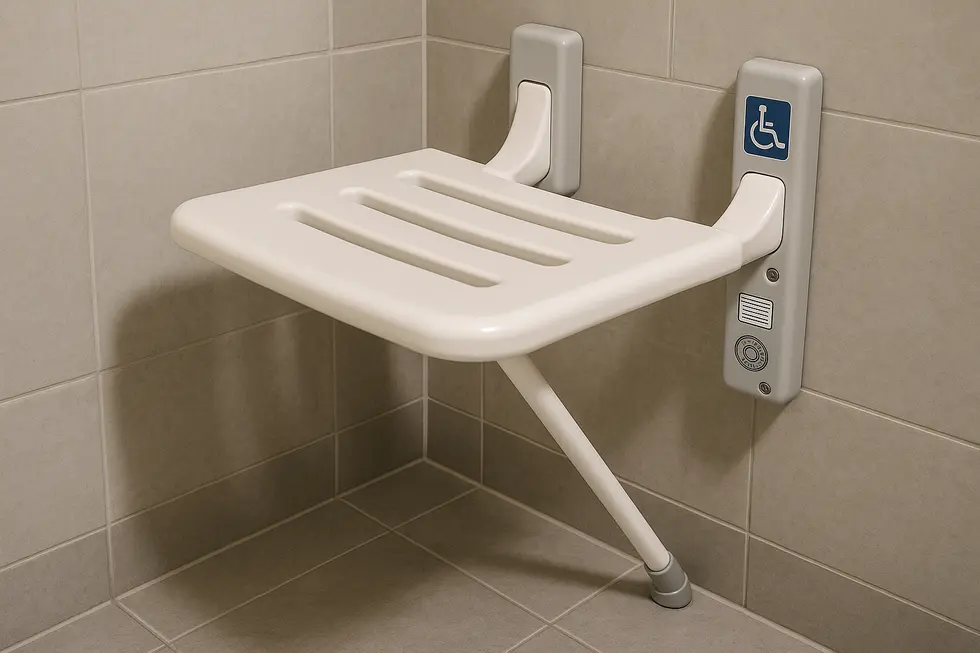 Image of a wall-mounted shower seat highlighting its technological specifications and compliance with safety standards.