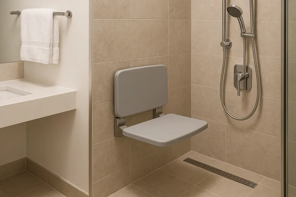 A sleek and space-efficient wall-mounted shower seat in a hotel bathroom.