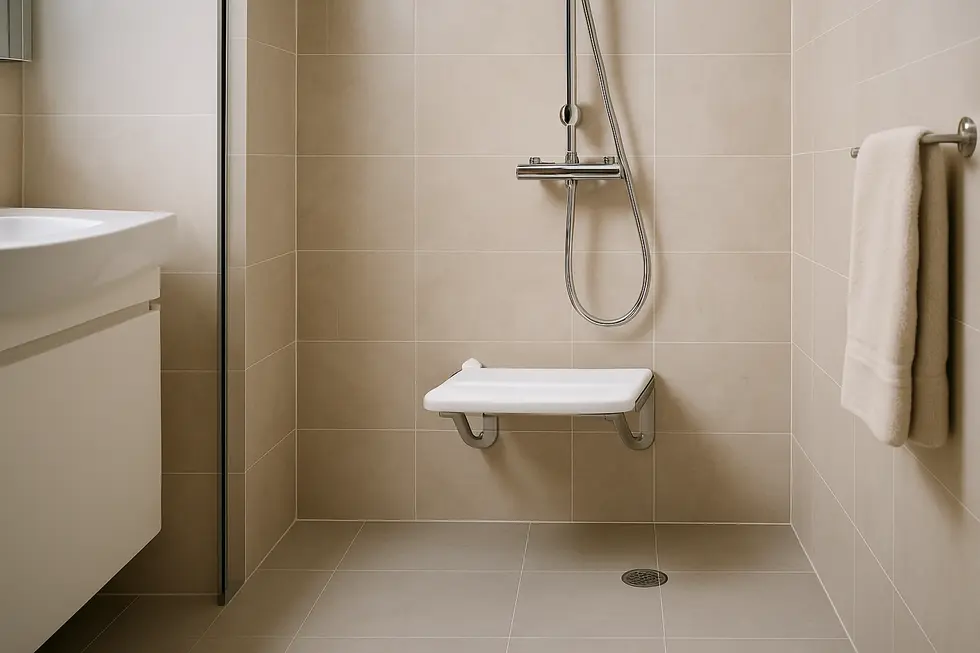 A bathroom showcasing a wall-mounted shower seat, balancing safety and aesthetics for women's use.
