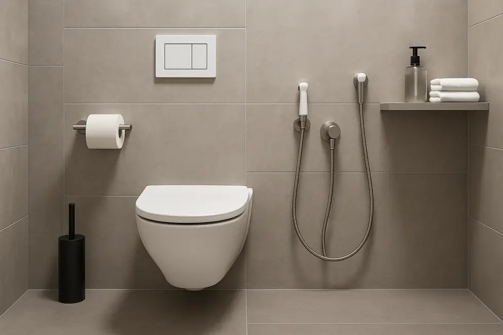 A sleek and space-efficient wall-mounted shower seat in a hotel bathroom.
