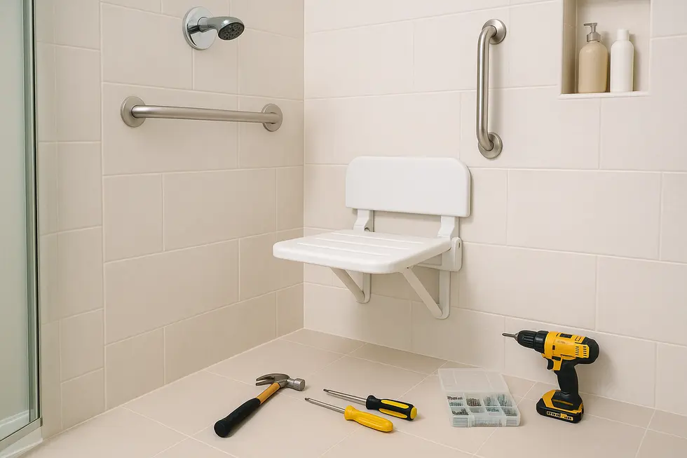 Wall-mounted shower seat in a bright, accessible bathroom with tools on display.