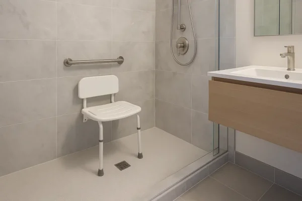 Modern bathroom showcasing a wall-mounted shower seat with legs, highlighting its integration and safety.