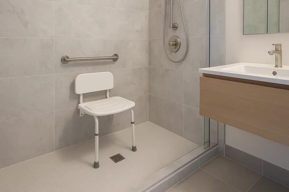 Modern bathroom showcasing a wall-mounted shower seat with legs, highlighting its integration and safety.