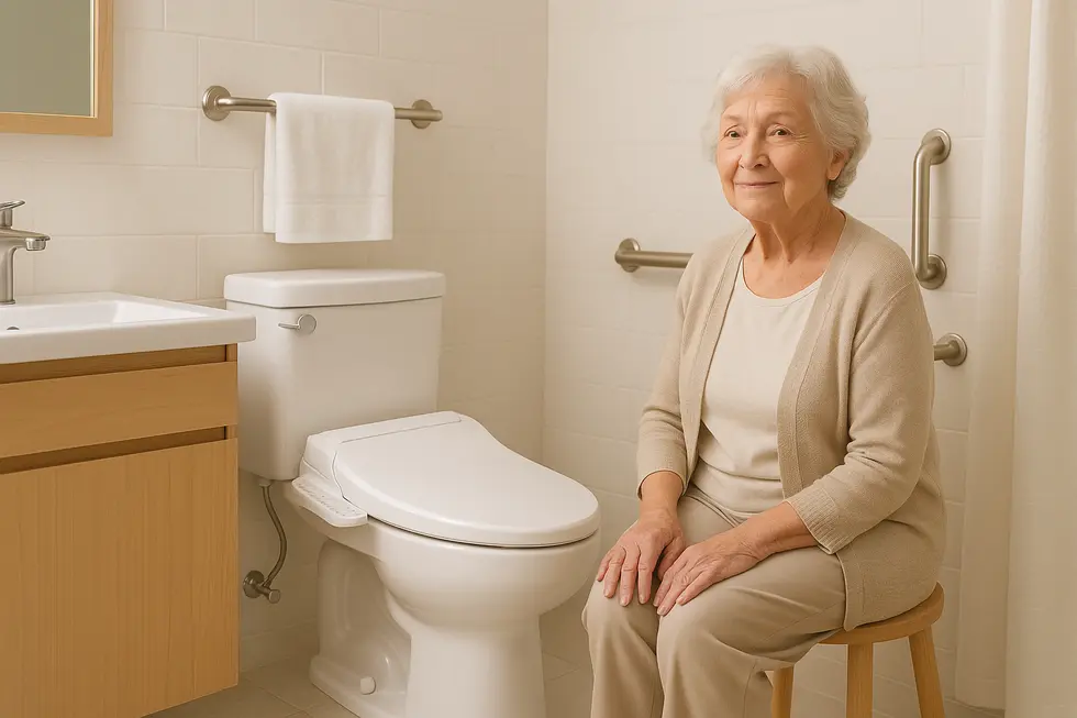 A modern bathroom with a bidet designed for elderly use, highlighting comfort and advanced features.