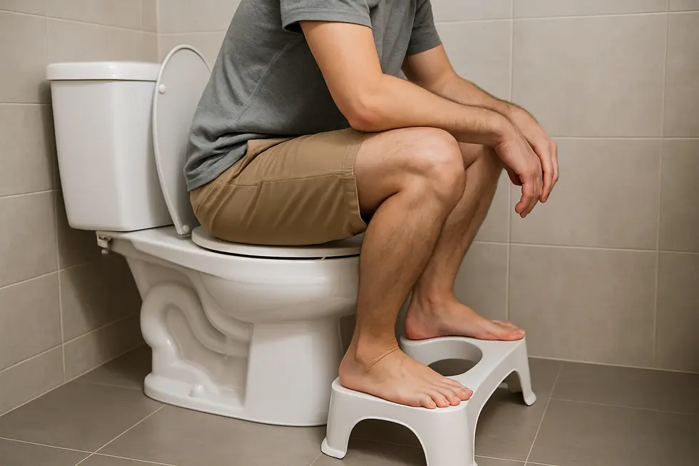 Demonstrating the optimal knee elevation using a toilet stool for better biomechanics.