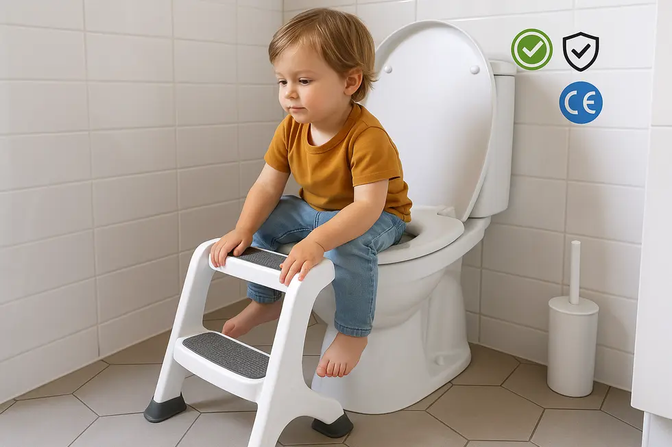 A child uses a toilet stool with safety features ensuring compliance with safety standards.