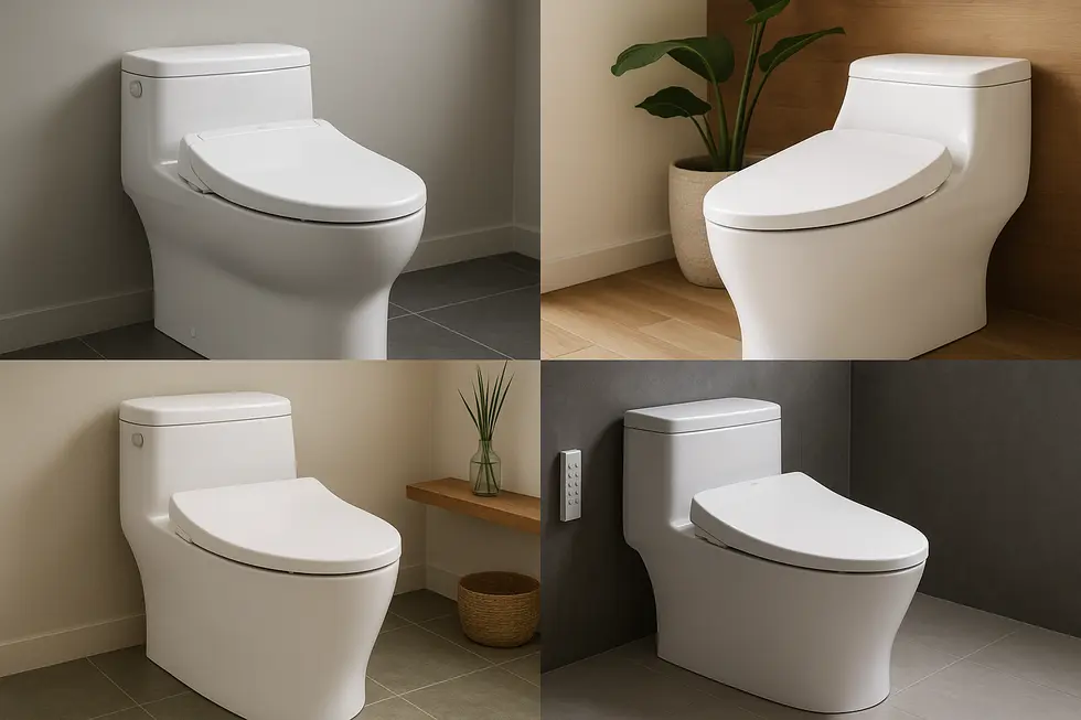 Collage of bidet toilets in different settings, highlighting technological and eco-friendly advancements in bathroom solutions.
