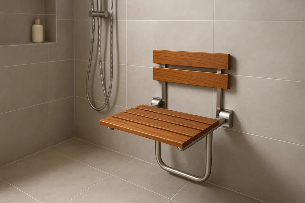 Modern bathroom with a sleek wall-mounted shower seat integrating stainless steel and teak wood.