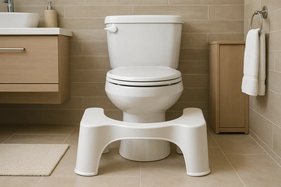 A modern bathroom with an ergonomic toilet stool, showcasing its stylish integration.
