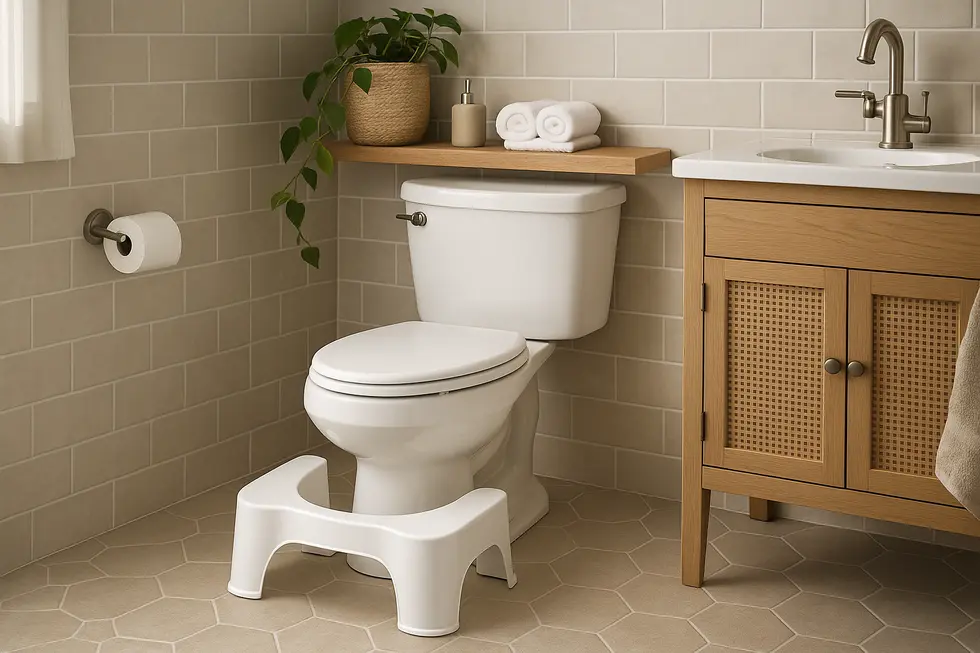 Family bathroom with a modern toilet foot stool, showcasing its integration and aesthetic appeal.
