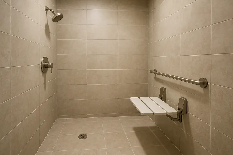 Diverse materials for shower remodel including stainless steel and solid surfaces.