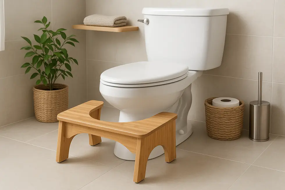 A stylish bamboo toilet stool in a bathroom, highlighting eco-conscious living.