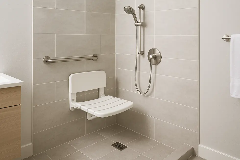 Bathroom with a modern aesthetic including a wall mounted shower seat for easy and safe use by seniors.