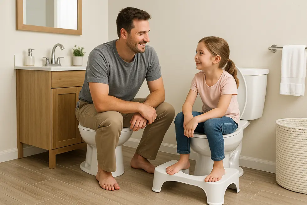 Parent and child experiencing comfort and health benefits using a toilet foot stool.