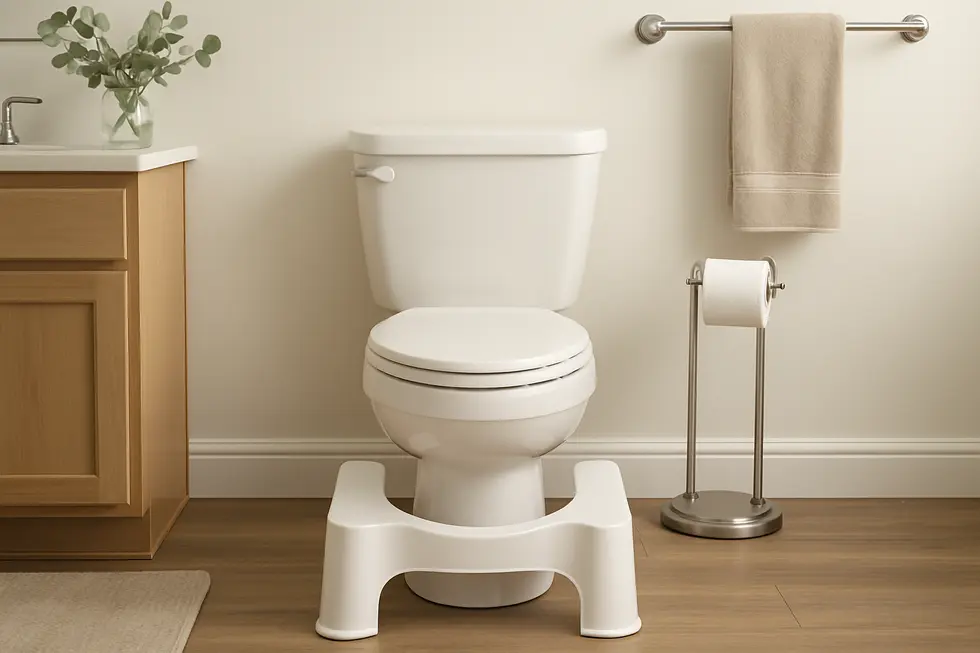 Demonstrating the optimal knee elevation using a toilet stool for better biomechanics.
