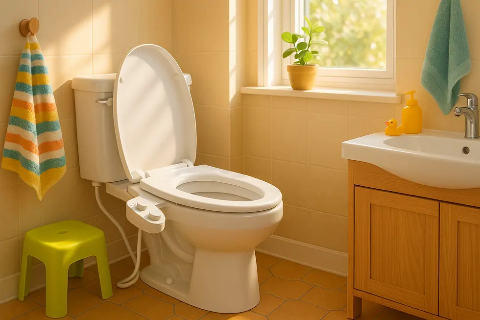 Family bathroom with a modern bidet attachment displaying warm water functionality.