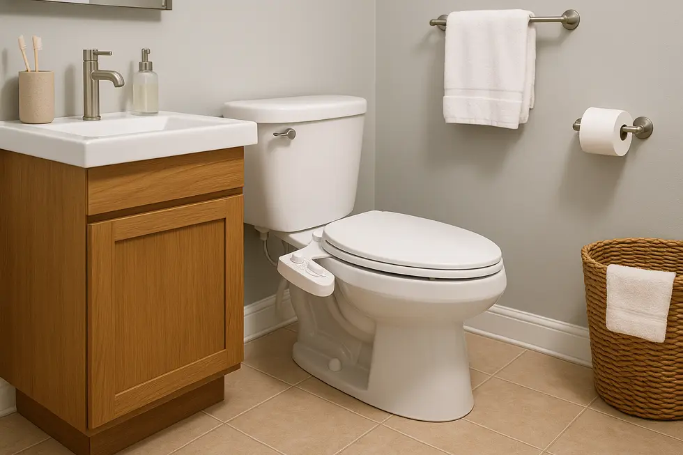 A modern family bathroom featuring a toilet with a bidet attachment, portraying cleanliness and upgraded amenities.
