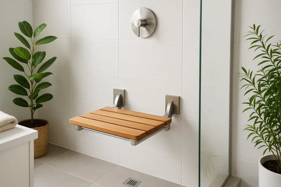 Family bathroom with a sustainable wall mounted shower seat and natural decor.