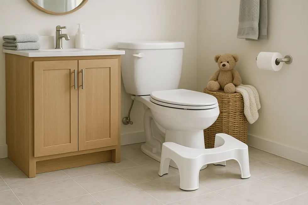 Family bathroom showing a top-rated toilet stool next to a toilet, highlighting safety and design harmony.