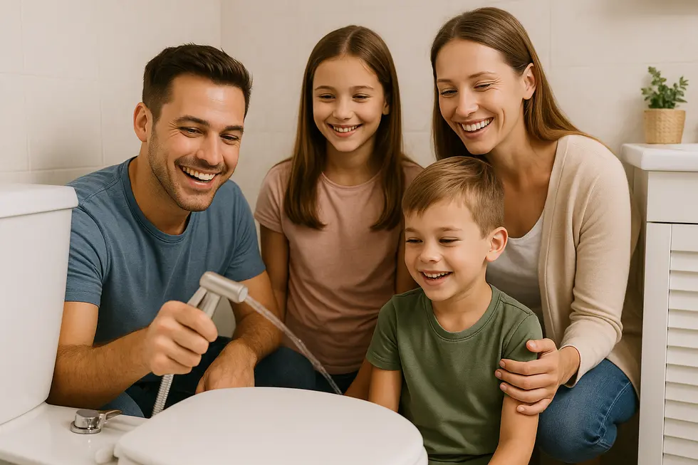 A happy family using a portable bidet sprayer, showcasing improved hygiene and eco-friendliness.
