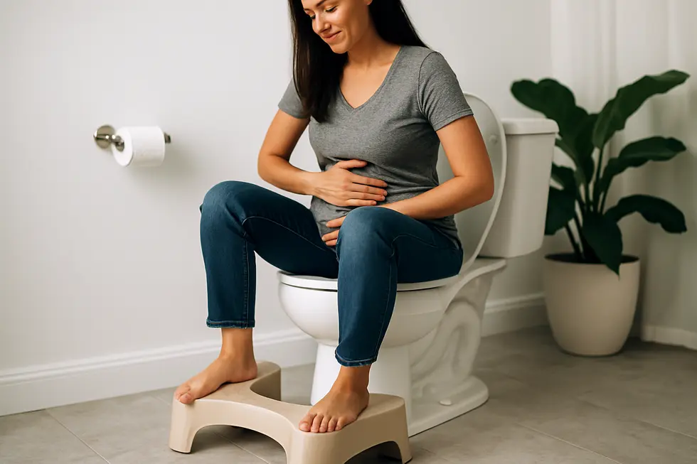 Demonstrating the optimal knee elevation using a toilet stool for better biomechanics.