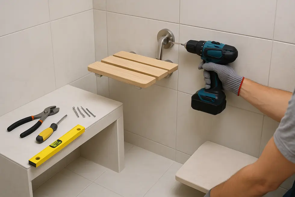 Diverse materials for shower remodel including stainless steel and solid surfaces.