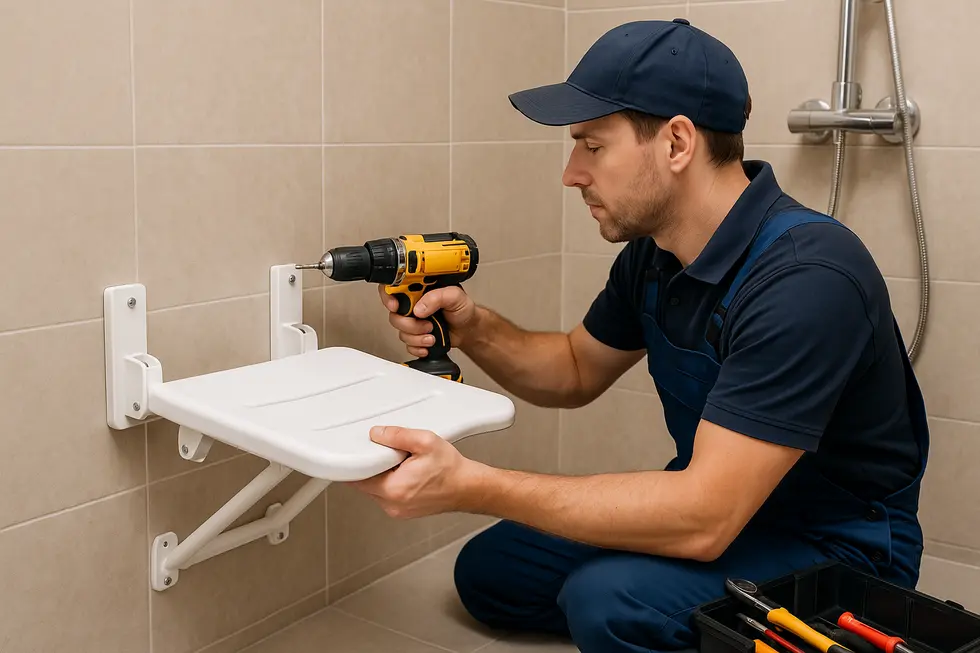 Elderly-friendly shower seat design with durable materials, showcasing foldable functionality.
