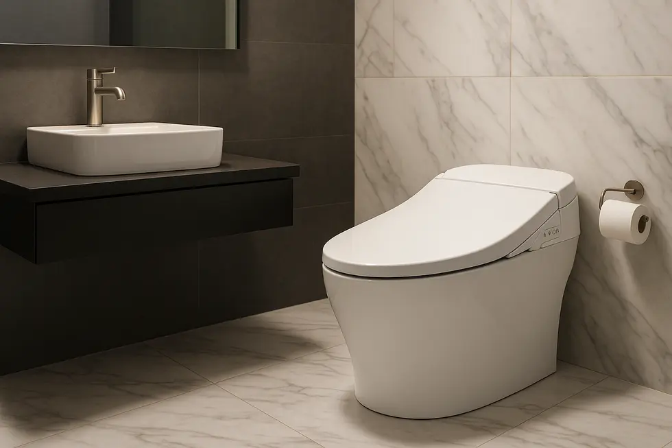 A high-end bathroom setup featuring a sleek self-cleaning bidet, highlighting its modern technology and comfort.