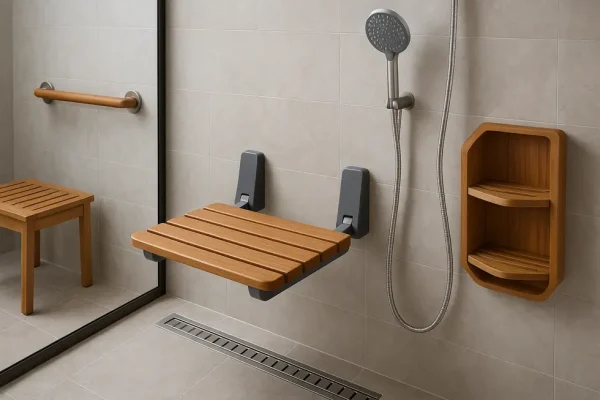 Overview of a bathroom with a mix of teak and synthetic materials exhibiting style and functionality.
