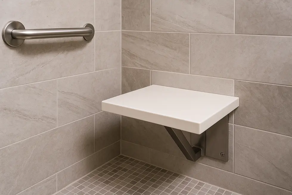 Diverse materials for shower remodel including stainless steel and solid surfaces.