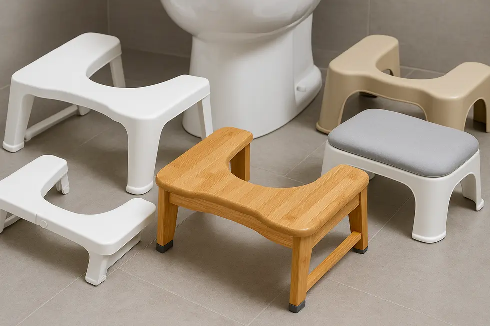 Parent and child experiencing comfort and health benefits using a toilet foot stool.
