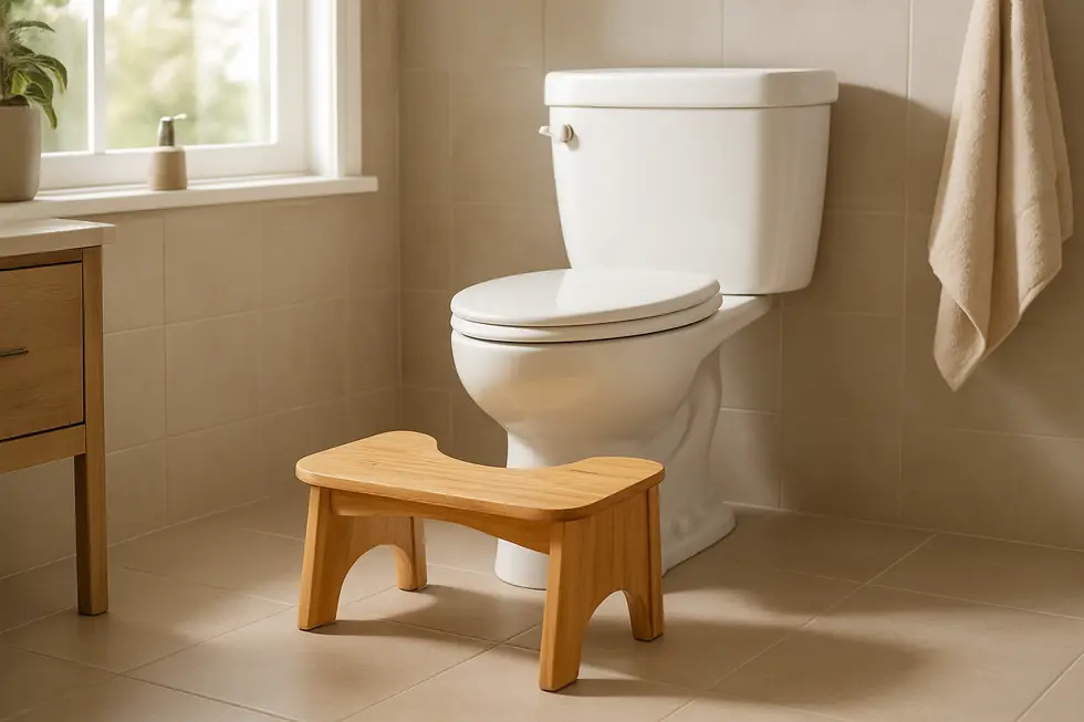 Stylish bamboo toilet stool enhancing the aesthetic of a modern bathroom setting.