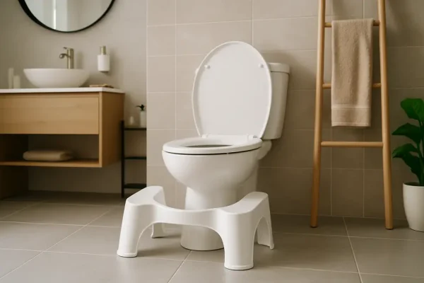 Modern family bathroom featuring ergonomic toilet stool and smart toilet.